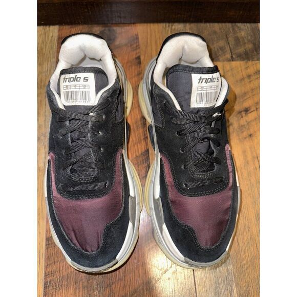 Balenciaga Triple S Black/Noir/Bordeaux/Burgundy Suede Nylon Men’s Size 6US - Picture 10 of 15
